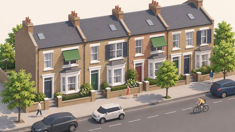 A summer street scene of London terraced houses where some windows have external shading such as awnings or shutters while neighbouring windows are bare, showing the uneven uptake of passive measures across existing housing.