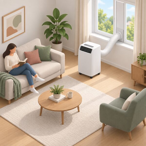 A single portable air conditioning unit on castors stands in a medium-sized living room, its flexible exhaust duct running to a window sealing kit, with a sofa, armchair and coffee table around it to show the scale of room the 12,000 BTU model suits.
