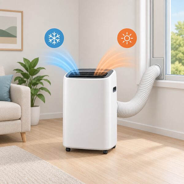 A single portable heat pump air conditioning unit standing on the floor of a plain room, with its flexible exhaust hose running from the back of the unit to a window kit, drawn so the one reversible unit reads as both a cooler and a heater.