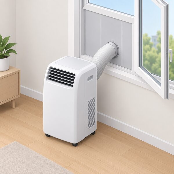 A portable air conditioner standing close to an open window, its short exhaust hose running to a window sealing plate fitted in the window opening, with the plate closing the rest of the gap around the hose.