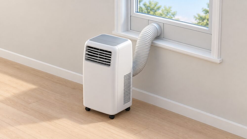 A single portable air conditioning cabinet on castors standing on the floor beside a house window, with its flexible exhaust hose running from the back of the unit up to a window vent kit, and nothing else in the scene.