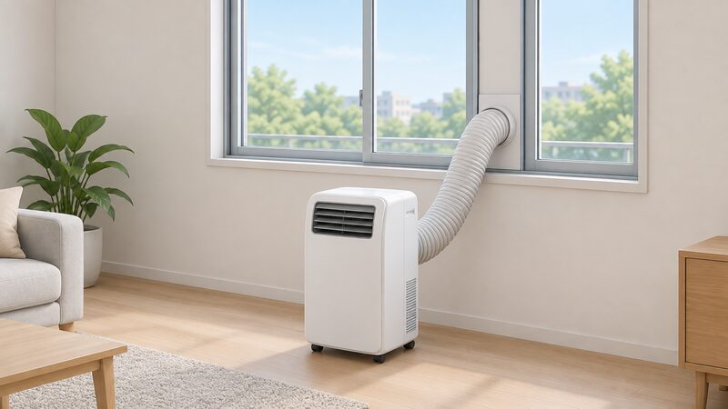 A portable air conditioner on the floor near a sliding window, its exhaust hose running up into a sealing plate set in the window opening, with the window sash slid closed onto the plate so the gap around the hose is sealed.