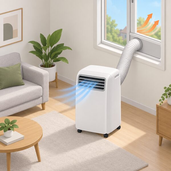 A compact portable reverse-cycle air conditioning unit on castors stands in the middle of a simply furnished room, its flexible exhaust hose running from the back of the unit up to a window kit in the open window behind it, with warm air shown flowing out through the vent.