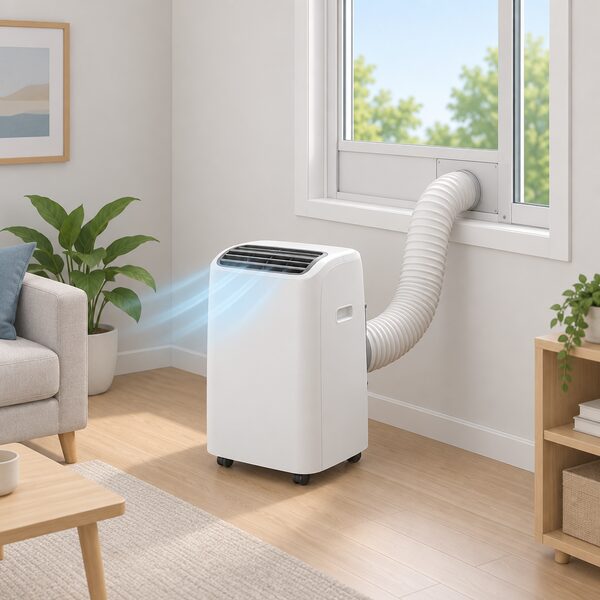 A portable air conditioning unit standing on the floor of a room with its flexible exhaust hose running from a port on the back of the machine up to a vent kit sealed in the open window beside it, in cooling mode.