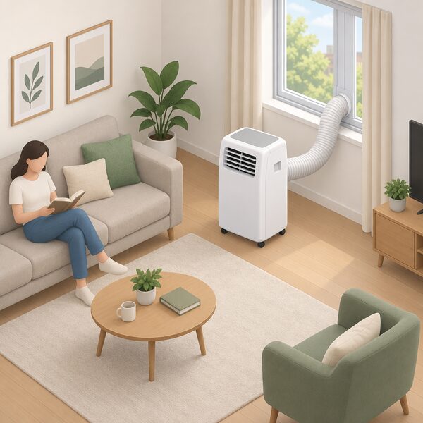 A single portable air conditioning unit on castors stands in a medium-sized living room, its exhaust hose run to the window, with a sofa and small table giving a sense of scale.