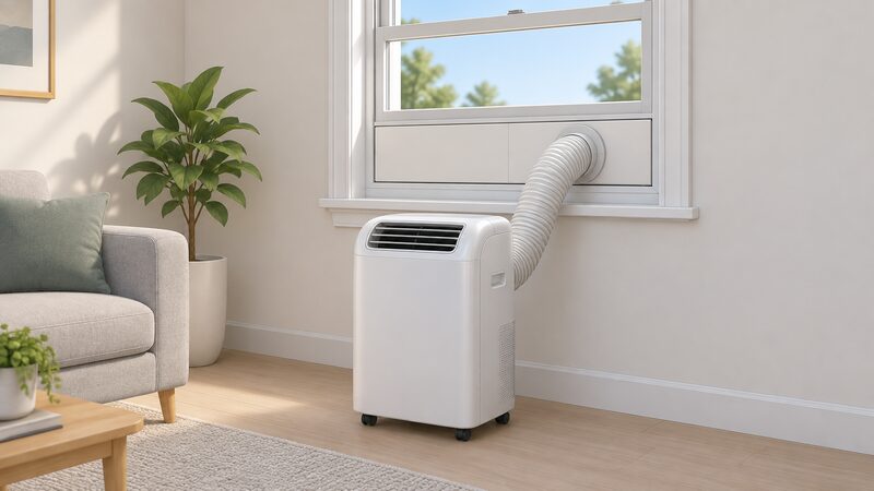 A close-up of an adjustable window mounting panel fitted into a partly open sash window, with the 150mm exhaust hose connected to it and running down to a portable air conditioning unit sitting close by on the floor.