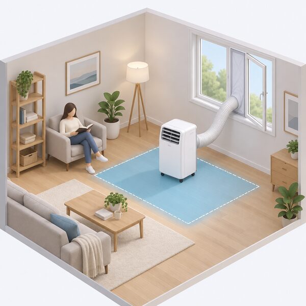 A single portable air conditioner unit on castors stands in a simply furnished medium-sized room, its flexible exhaust hose running to a window sealing kit in the open window, with plain floor-area markings suggesting the room size the unit is sized for.