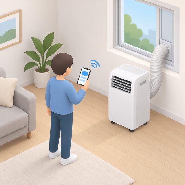 A portable air conditioner standing on the floor of a room, with its exhaust hose fitted to a window, while a simplified figure nearby holds up a smartphone whose screen shows a plain control interface with simple blocks, wirelessly linked to the unit.