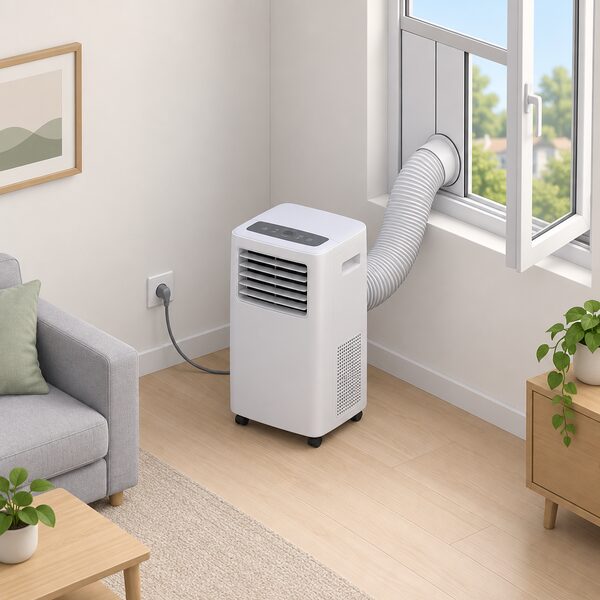 A single portable air conditioner on castors standing in a corner of a simply furnished room, its flexible exhaust duct led to a window kit in the open window beside it, with its mains lead running to a wall socket, drawn as a plain isometric scene with no people.