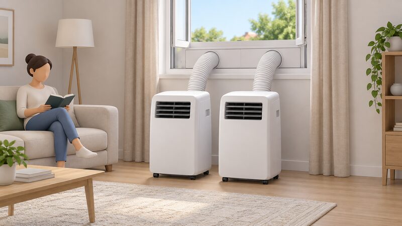 Two portable air conditioning units standing side by side on the floor of a living room, each with a single exhaust hose running from its rear up to a window kit fitted in the open window beside them.