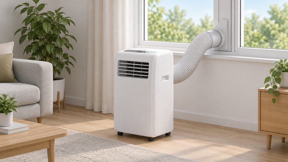 A single floor-standing portable air conditioner on castors stands in the middle of a room, its flexible exhaust hose running up to a window kit fitted in the open window beside it.