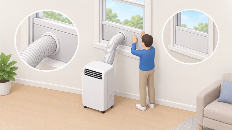 A portable air conditioner standing on the floor near a sliding sash window, its flexible exhaust hose running up to a plastic window kit plate that fills the open sash gap and seals around the hose, with a simplified figure fitting the plate in place.