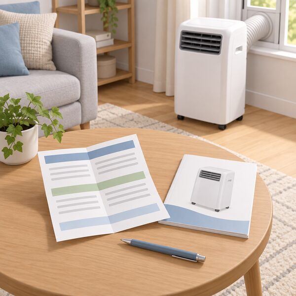 A folded warranty document lying on a table beside a boxed portable air conditioner's instruction booklet, with a pen nearby, its pages showing plain blank lines and colour bands where the warranty conditions would sit.