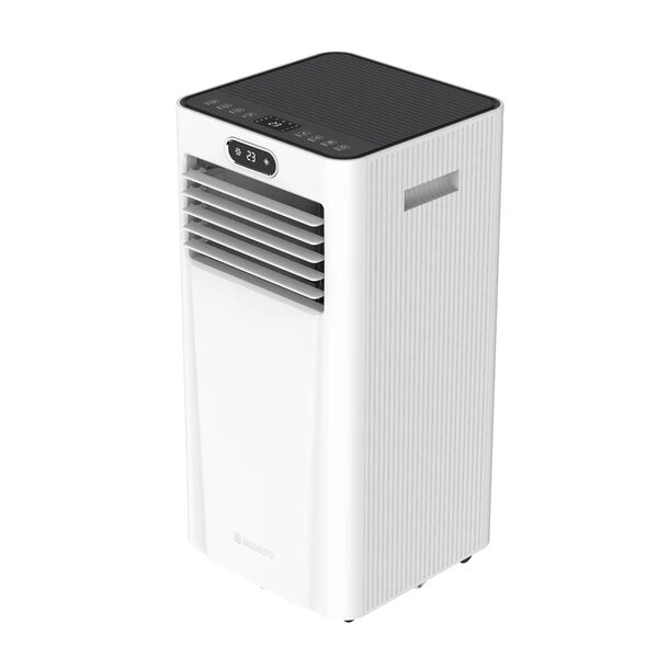 A white Meaco portable air conditioner unit shown against a plain background