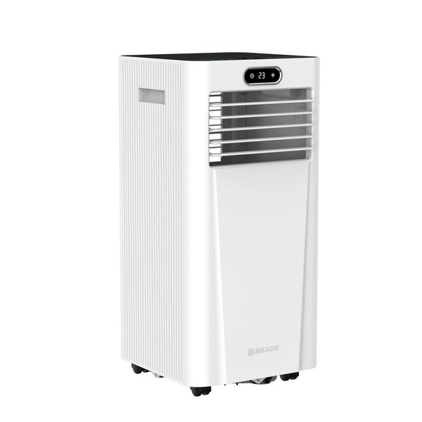 A white Meaco portable air conditioner unit on a plain white background