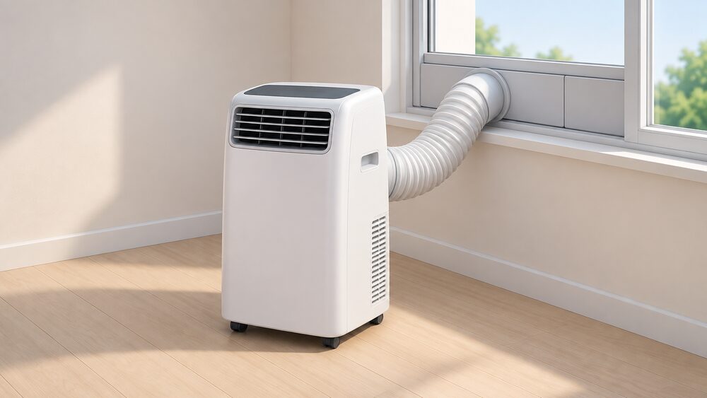 A floor-standing portable air conditioner unit shown close up, with its flexible exhaust hose running from the back of the unit to a window kit plate fitted in an open window beside it.