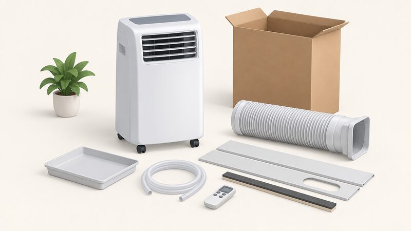 A portable air conditioner on caster wheels shown with its box contents laid out beside it: an exhaust hose, a window installation kit with foam tape, a drain pan, a drain tube and a remote control.