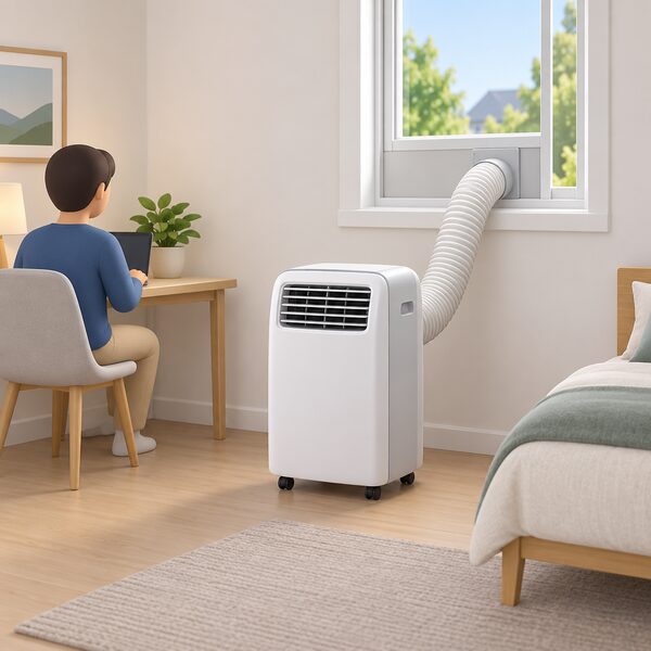 A wheeled portable air conditioner standing on the floor of a simply furnished room, with a single flexible vent hose running from its back up to a partly open window, the hose sealed into the window opening.