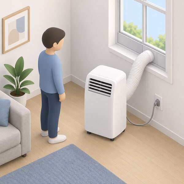 A portable air conditioner standing in a room with its flexible exhaust hose led to a window vent, and its mains plug connected to a wall socket, with a simplified isometric figure nearby.