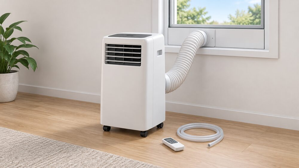 A wheeled portable air conditioner standing on the floor of a room, its flexible exhaust hose running up to a window fitted with a window vent kit, with a remote control and a drain tube lying beside it.