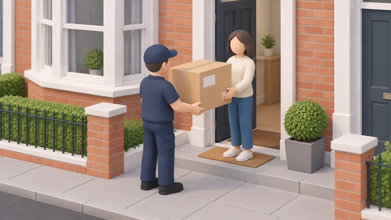 A courier at a UK terraced-house front door handing a large sealed cardboard box containing a portable air conditioner to a resident, with the box plain apart from blank label blocks and no readable text.