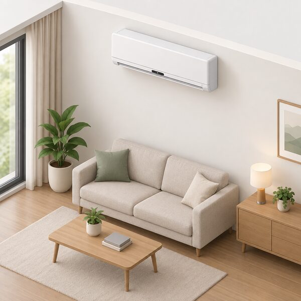 A white wall-mounted indoor air conditioning unit fixed high on an interior room wall, with a small sensor strip visible along its lower edge, shown in a simple room with plain furniture below.