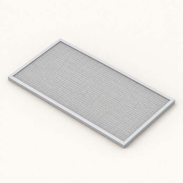 A single rectangular air purification filter panel, drawn as one simple flat mesh object with a plain frame, shown lying on a plain surface as the removable filtration stage that sits inside a split system indoor unit.