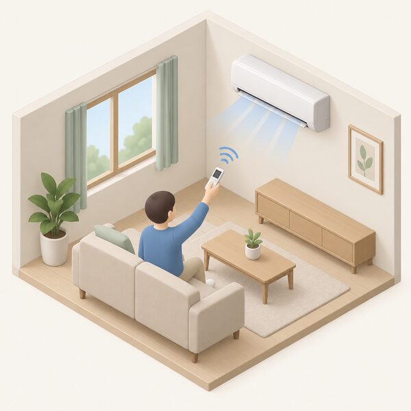 A simplified isometric hand holding the supplied air conditioning remote control pointed at a wall-mounted indoor unit in a living room, with no Wi-Fi router, smartphone or smart speaker present, showing local control working on its own.