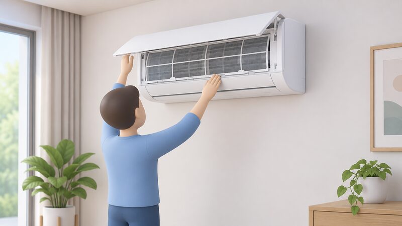 A high wall-mounted indoor air conditioning unit in a home room with its front panel swung open, revealing the V-Blocking filter mesh inside, with a simplified figure tilting the panel to inspect it.