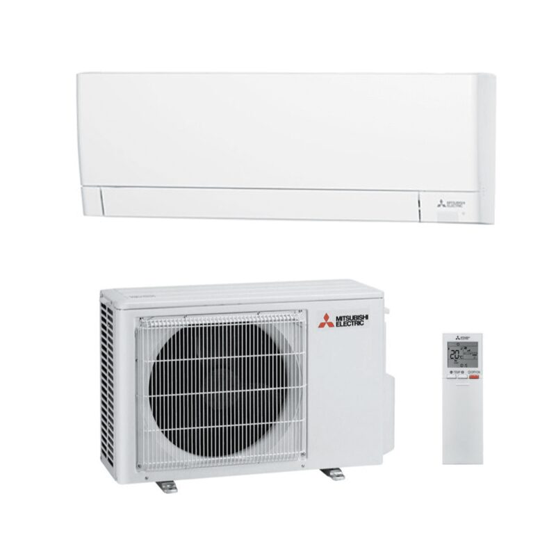 A Mitsubishi Electric wall-mounted air conditioning indoor unit shown above its outdoor condenser unit and a remote control on a white background