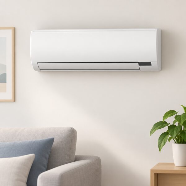 A white wall-mounted indoor air conditioning unit fixed high on a plain interior room wall, drawn straight-on with its curved fascia, a slim air vane along the bottom edge and a small dark control panel band, with no pipework or cables visible outside its casing.