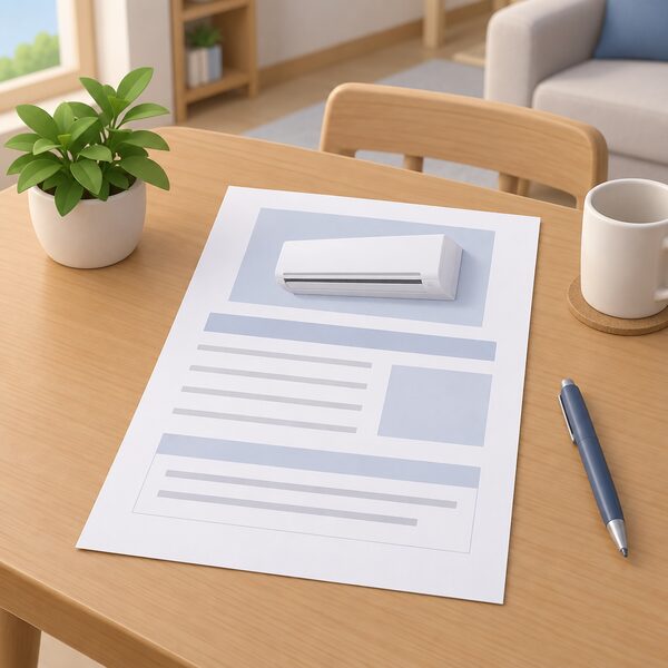 A printed paper quotation lying on a table in a home, headed as a quote for a high wall mounted air conditioning unit with blank lines and plain blocks where the unit price and notes would appear, and no installation cost shown on it.