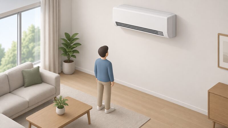 A wall-mounted indoor air conditioning unit on a plain interior wall, drawn close up so the front panel's sensor grille is clearly visible as a distinct slatted strip, with a simplified isometric figure standing in the room below to suggest occupancy detection.