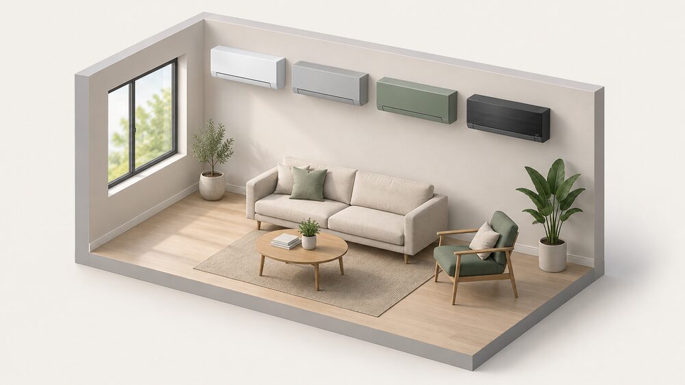 A plain room interior with four different wall-mounted air conditioning indoor units fixed high on the same wall in a row, each with a distinct fascia finish, one plain, one matt, one with a distinctive coloured front panel, one sleek premium unit, all above clear floor space.