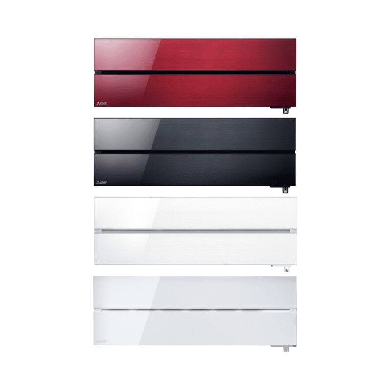 Four Mitsubishi Electric wall-mounted air source heat pump indoor units in red, black, pearl white and white, shown on a plain background