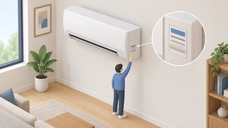 A wall-mounted air conditioning indoor unit seen up close with a small isometric figure pointing at its nameplate, which is drawn as a plain label with blank colour bands and lines standing in for the kW output rating text.