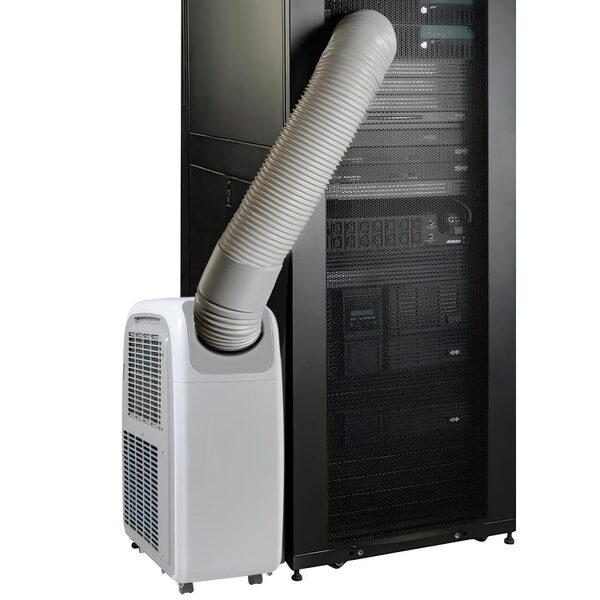 A white electriQ portable air conditioner with an exhaust hose venting into a black server rack