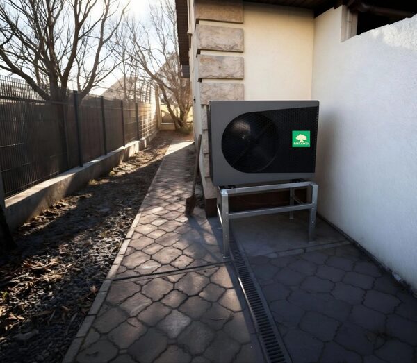 A Mycond monoblock air source heat pump installed on a metal stand against the outside wall of a house beside a paved path