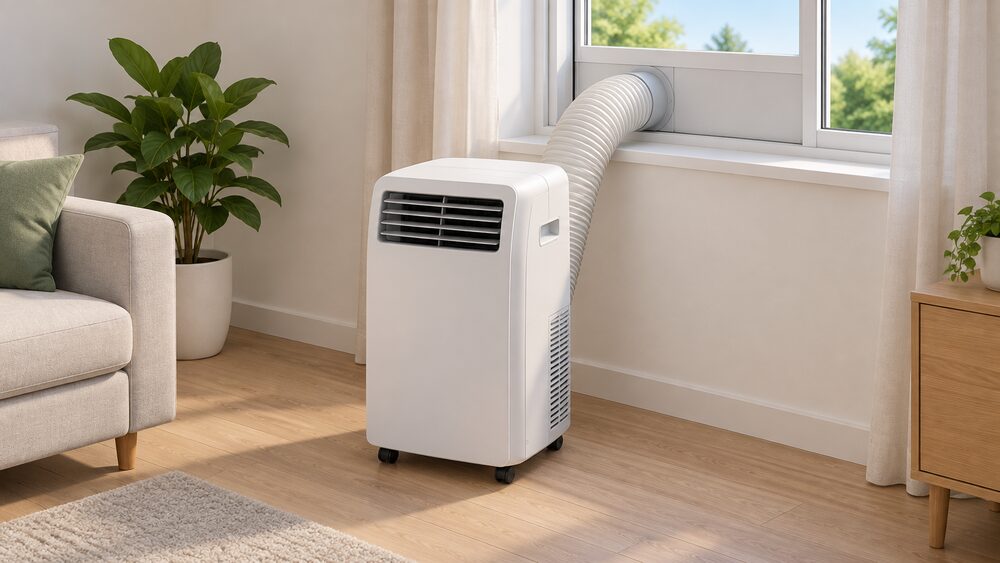 A single wheeled monobloc portable air conditioner cabinet standing on a floor near a window, its single exhaust hose running up to a window kit fitted in the open window frame, with no outdoor unit anywhere.