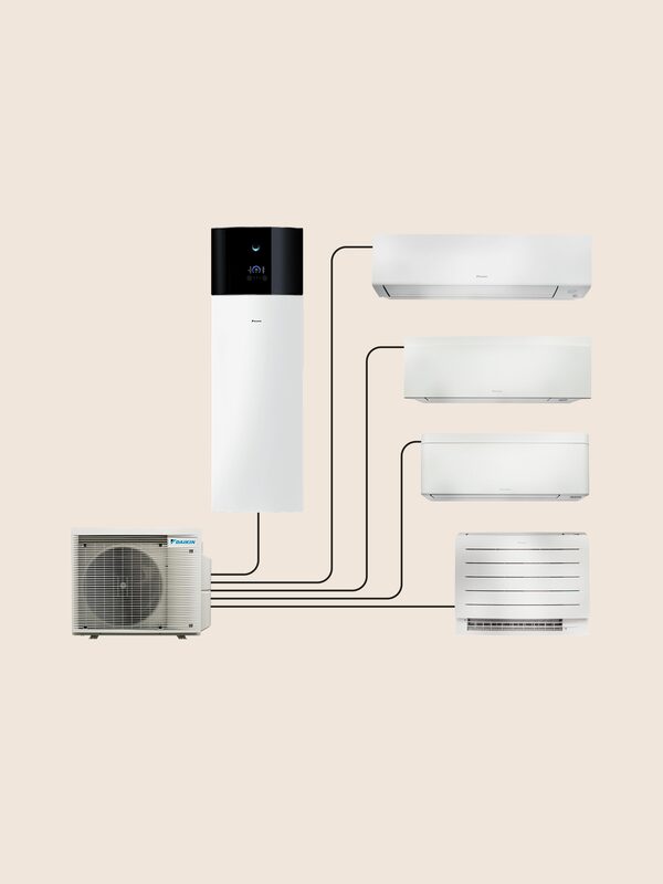 A Daikin multi-room heat pump system product shot showing an outdoor unit, a vertical indoor unit and four wall-mounted indoor units connected by line diagram