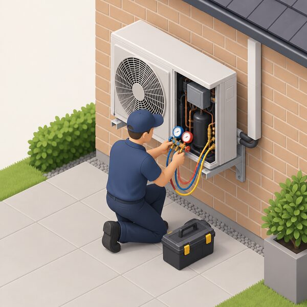 An F-Gas registered engineer in plain work clothing kneels beside the outdoor unit of a multi-split system on an exterior house wall, service tools and gauges laid out nearby, with the unit's casing open for its routine outdoor service.