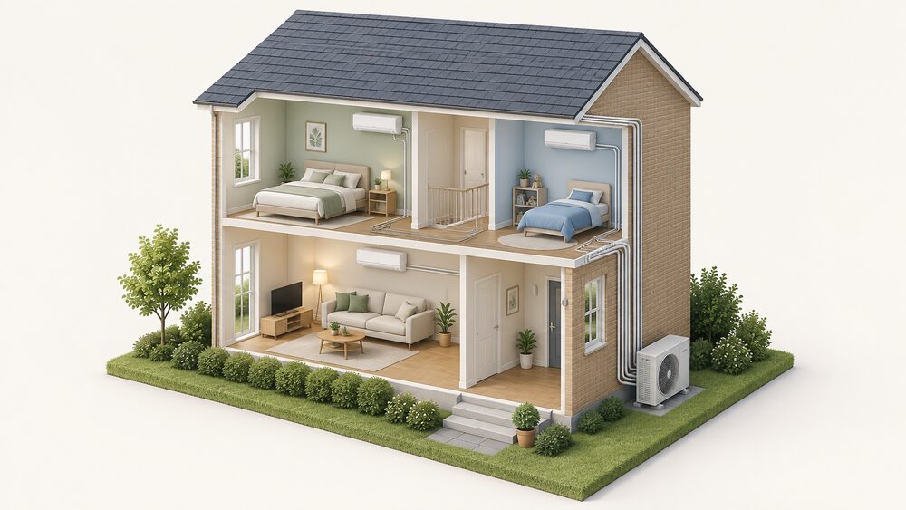 A cutaway house showing one outdoor unit on the ground outside an external wall, with refrigerant pipe runs rising through the wall to wall-mounted indoor units in three separate rooms upstairs and down, each pipe connecting back to the single outdoor unit.