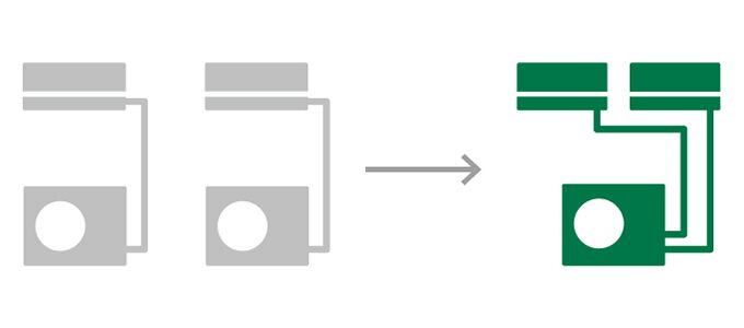 A simple diagram showing two separate air conditioning indoor/outdoor unit pairs being replaced by one multi-split system with two indoor units connected to a single outdoor unit
