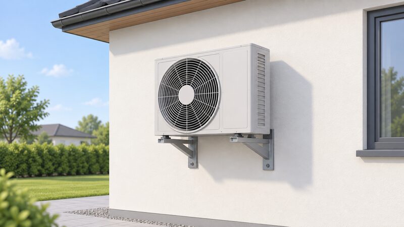 A single boxy outdoor air conditioning unit fixed on metal wall brackets on the outside wall of a house, with generous clear space around its fan grille and no plants or obstructions nearby.