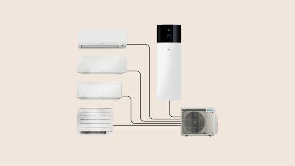 A Daikin multi-split heat pump system diagram showing one outdoor unit connected to three indoor wall units, a floor unit and a vertical hot water cylinder