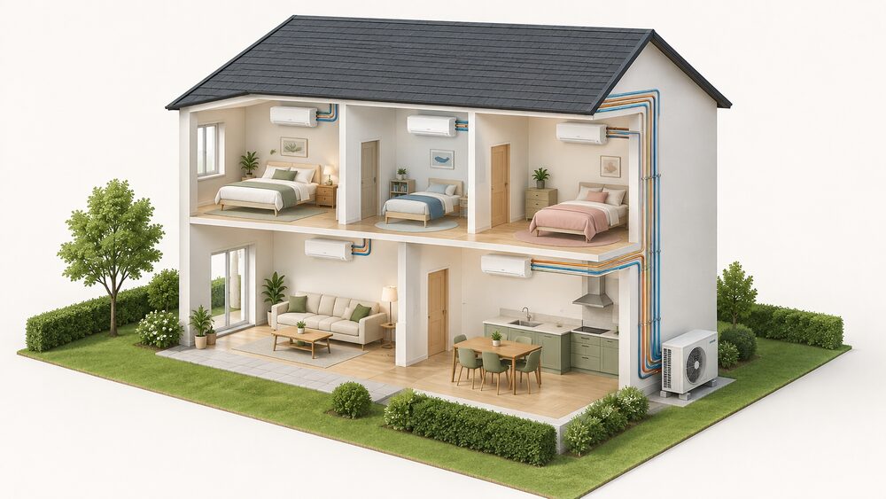 A cutaway two-storey house showing one outdoor multi-split unit standing on the ground against an external wall, with refrigerant pipe runs rising up the outside of the building and entering several rooms where wall-mounted indoor units are fixed high on the interior walls.