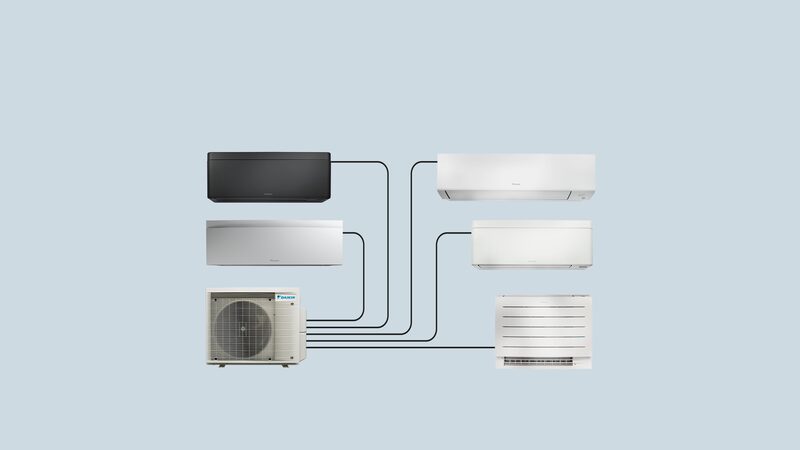 A Daikin multi-split air conditioning setup with one outdoor heat pump unit connected by lines to several indoor wall-mounted and floor units on a pale blue background