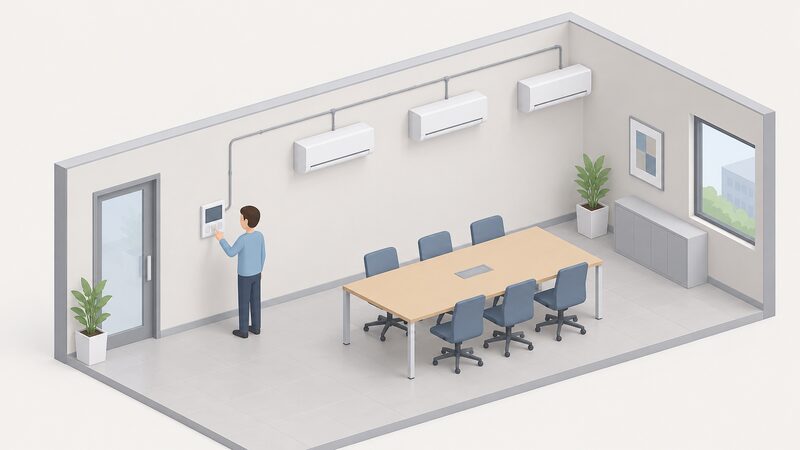 A simplified isometric figure stands in a light commercial room beside a wall-mounted wired controller, shown as a slim panel on the wall with a plain screen and blank buttons, connected by a thin conduit line running along the wall toward the indoor units it manages.