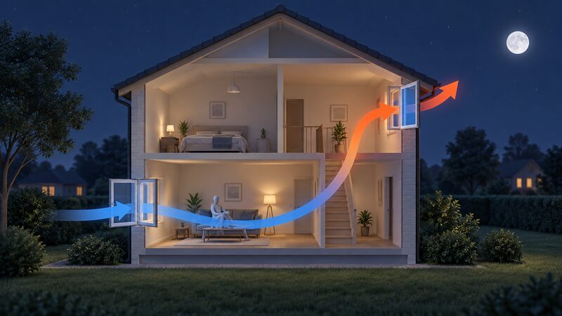 A cutaway cross-section of a two-storey house at night, with an open window on the ground-floor inlet face letting cool air in and an open window on the opposite upper-floor face letting warm air out, arrows showing airflow through the house.