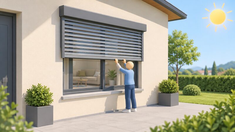 A simplified isometric figure stands outside a south-facing house facade in bright daylight, reaching to pull closed a slatted external shutter over a large window, with the shutter half-closed so the slats and the window behind are clearly visible.